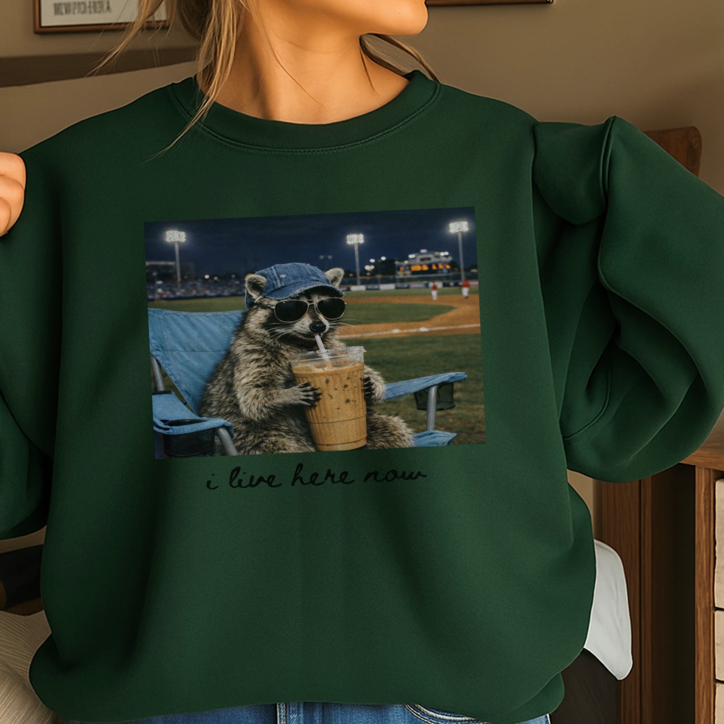 I Live Here Now Raccoon Baseball Crewneck Sweatshirt