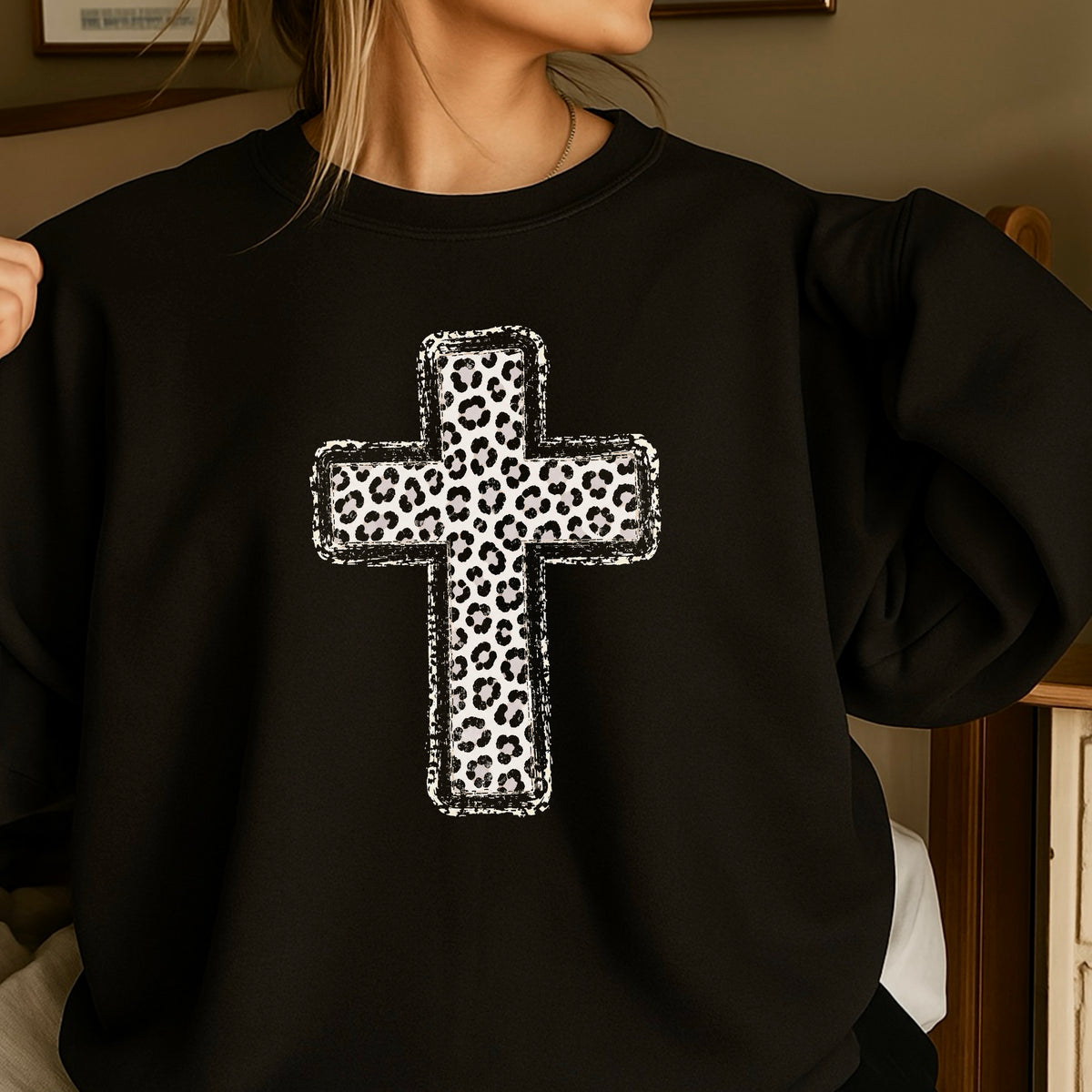 Snow Leopard Cross Christian Crewneck Sweatshirt