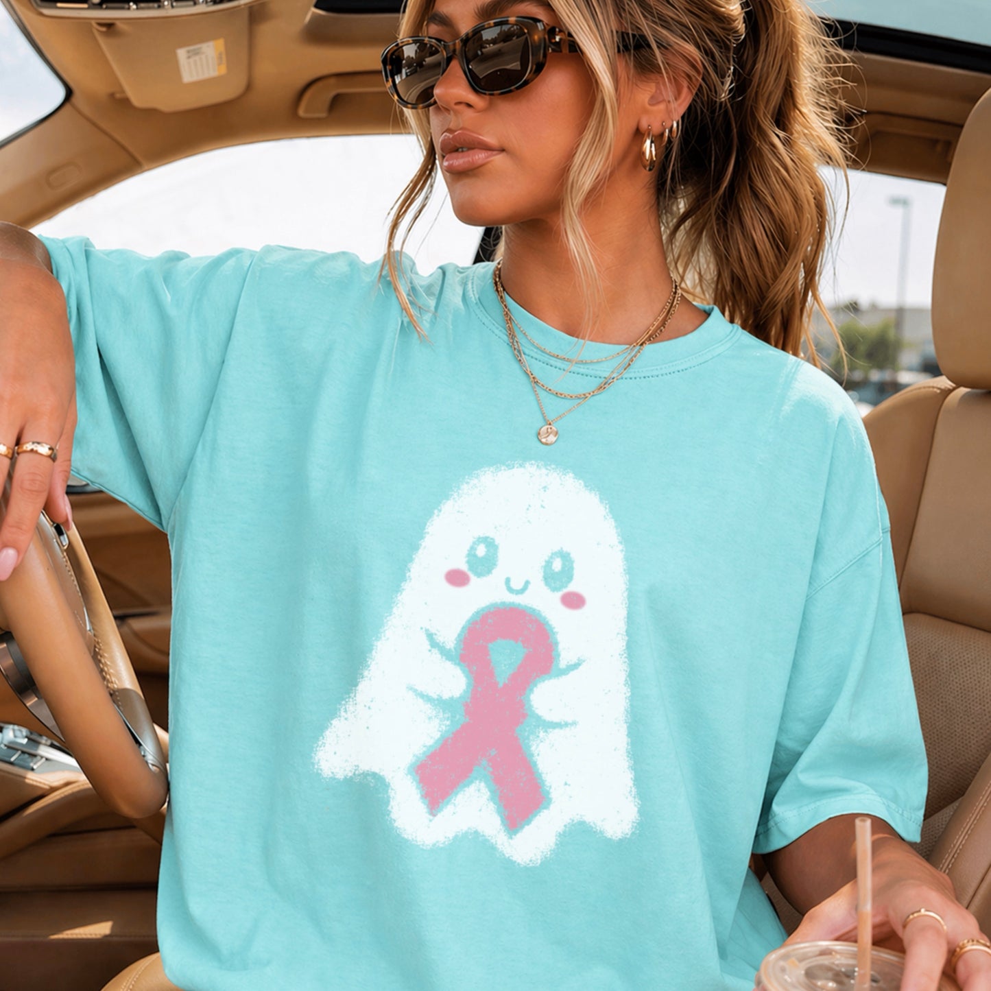 Breast Cancer Ghost Comfort Color Graphic Tee