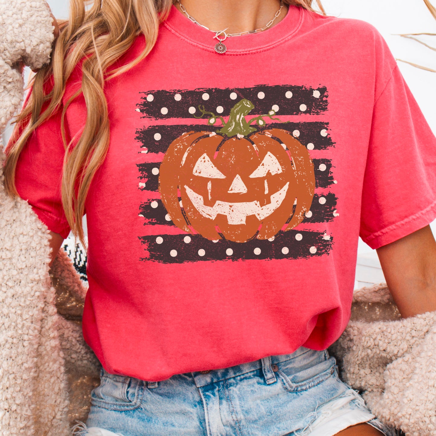 Polka Dot Pumpkin Halloween Comfort Color Graphic Tee
