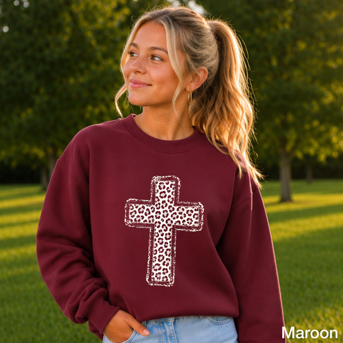 Snow Leopard Cross Christian Youth Crewneck Sweatshirt