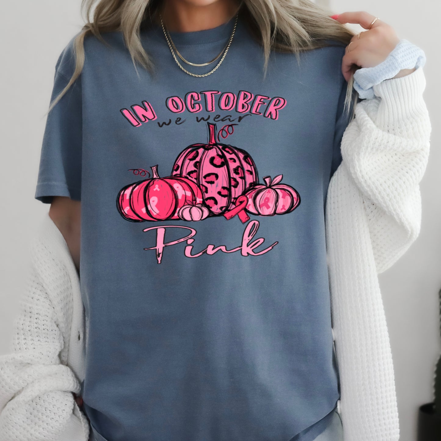 In October We Wear Pink Cancer Comfort Color Graphic Tee