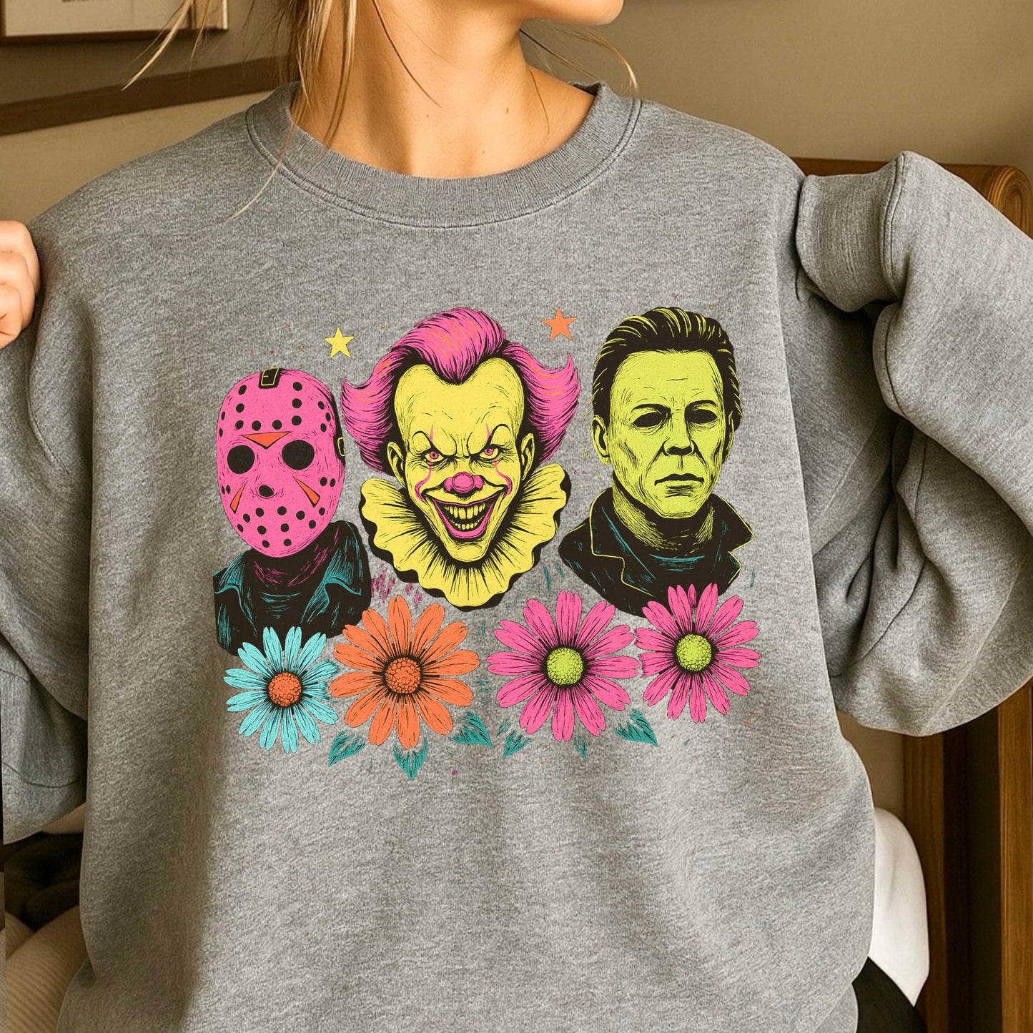 Floral Horror Film Characters Halloween Crewneck Sweatshirt