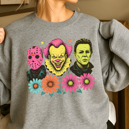 Floral Horror Film Characters Halloween Crewneck Sweatshirt