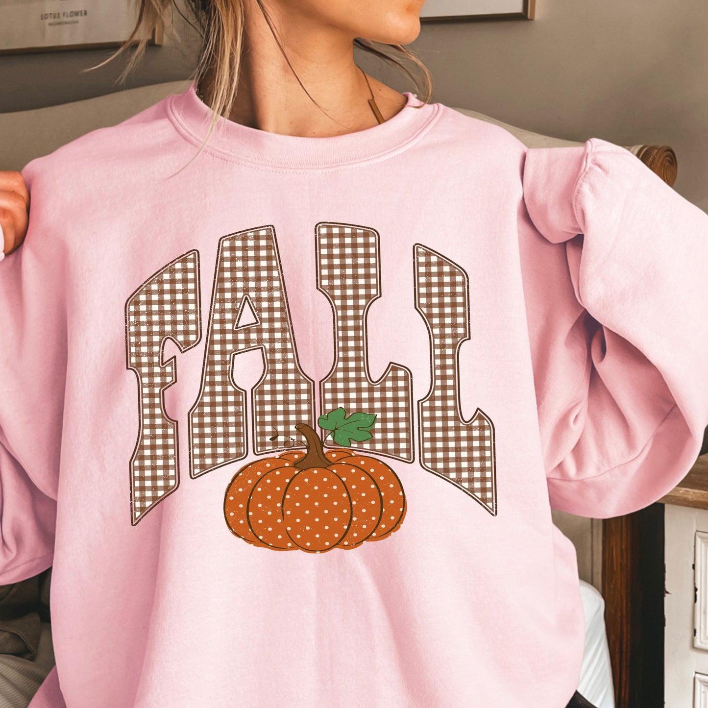 Fall Pumpkin Gingham Crewneck Sweatshirt