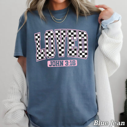 Checkered Loved John 3:16 Valentine’s Day Comfort Color Graphic Tee