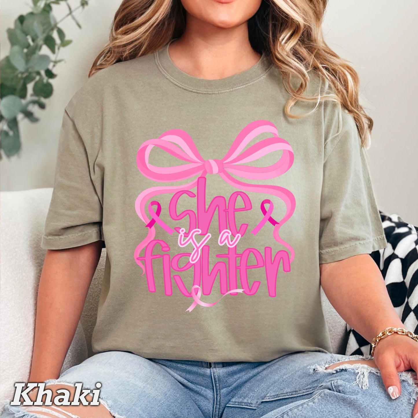 She Is A Fighter Breast Cancer Comfort Color Graphic Tee