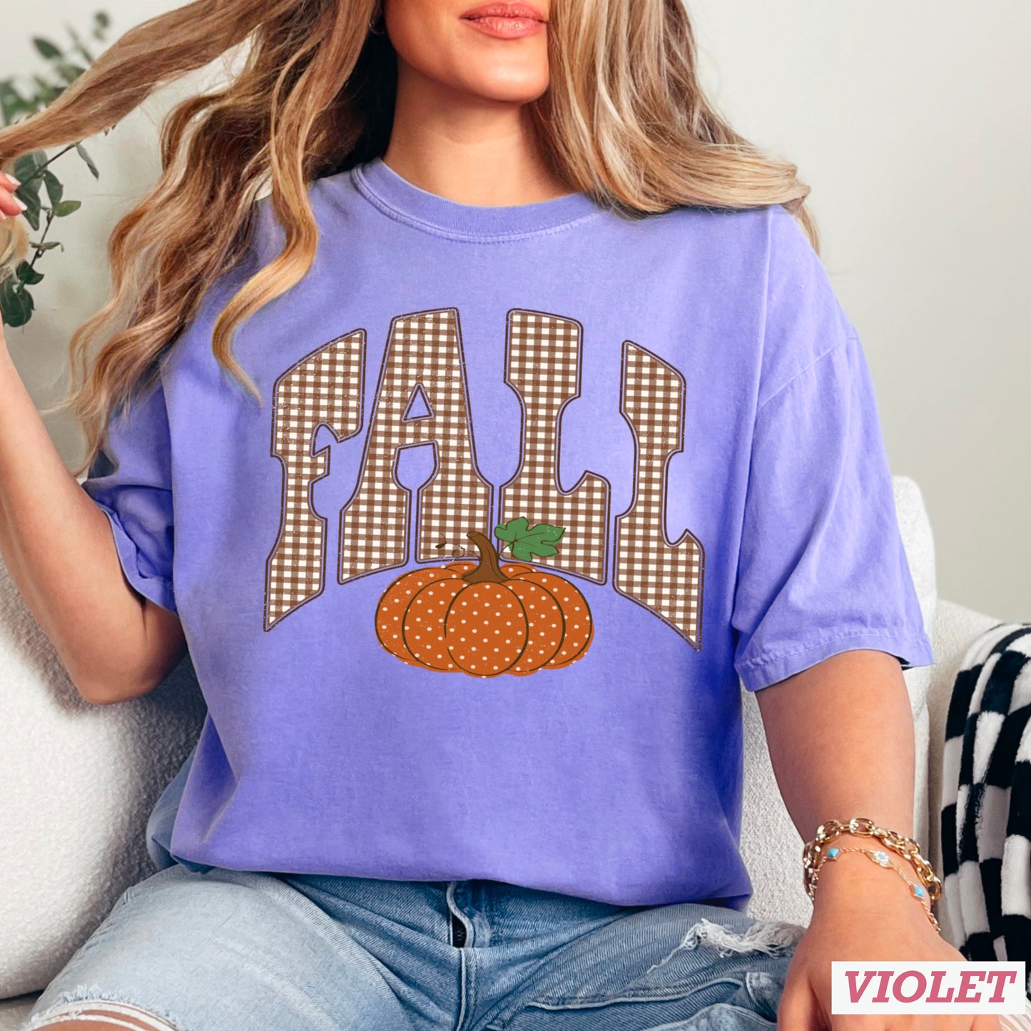 Gingham Fall Pumpkin Comfort Color Graphic Tee