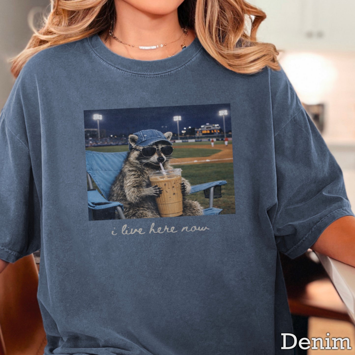 I Live Here Now Raccoon Baseball Comfort Color Graphic Tee