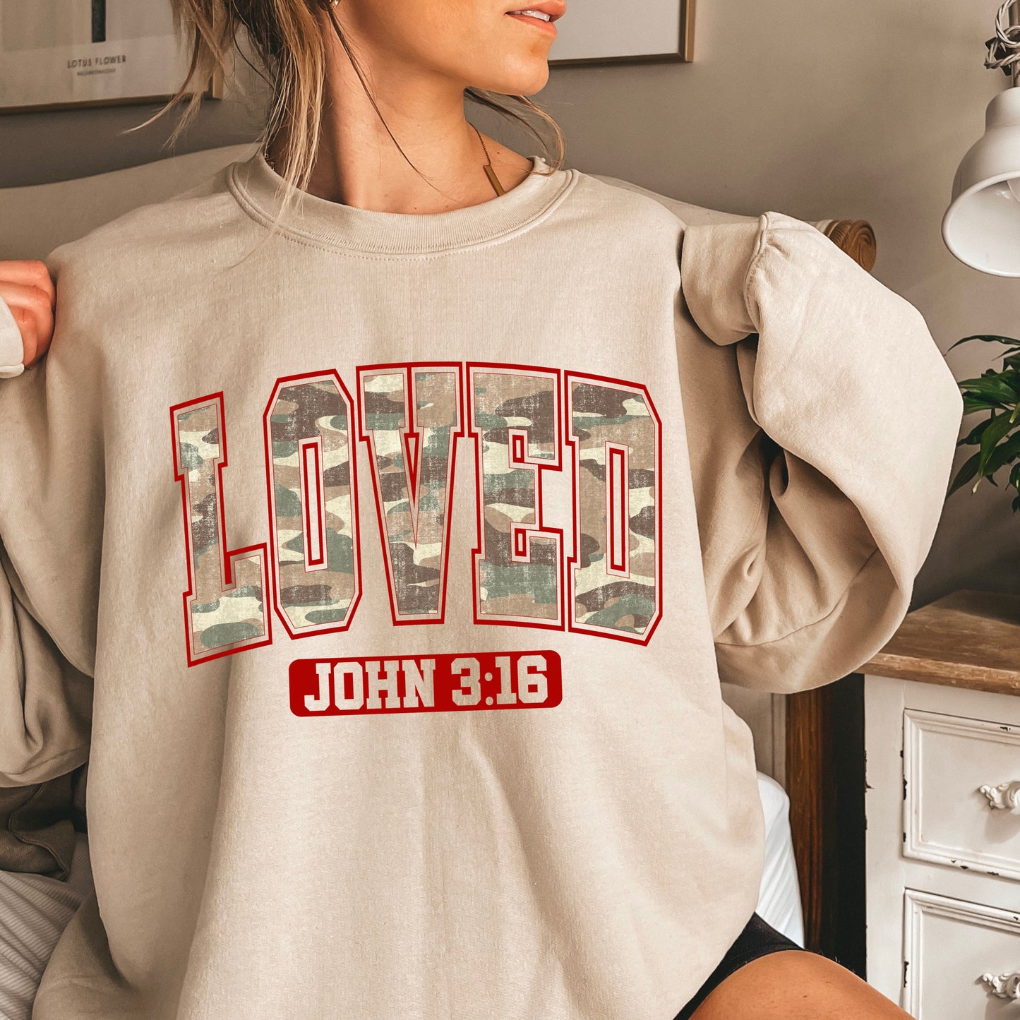 Camo Loved John 3:16 Valentine’s Day Crewneck Sweatshirt