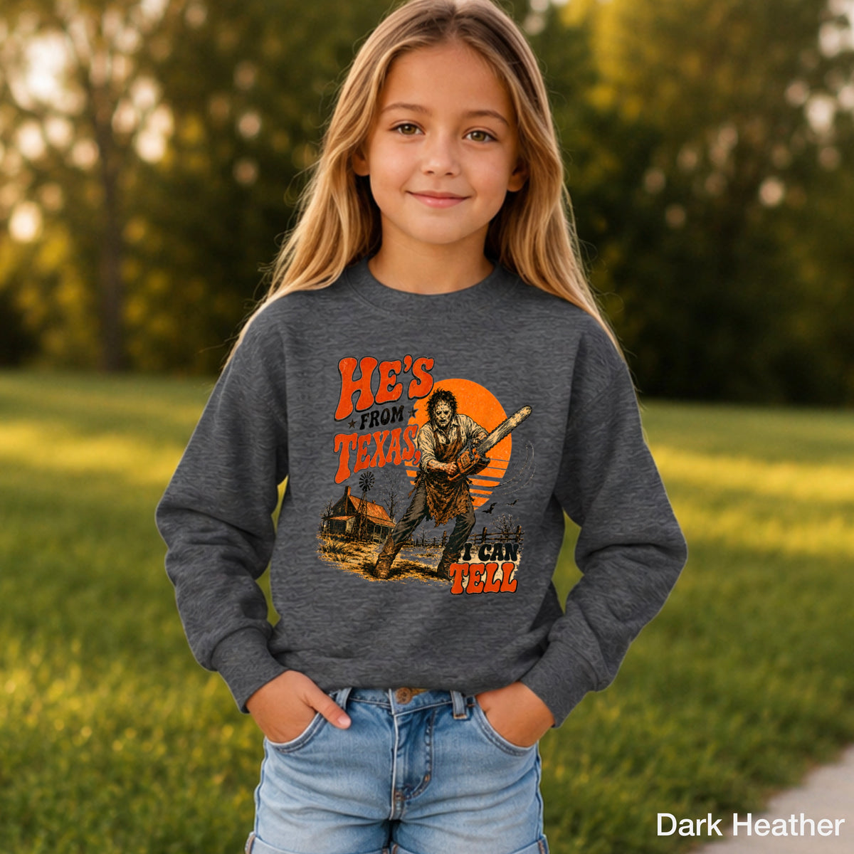 He’s From Texas Halloween Youth Crewneck Sweatshirt