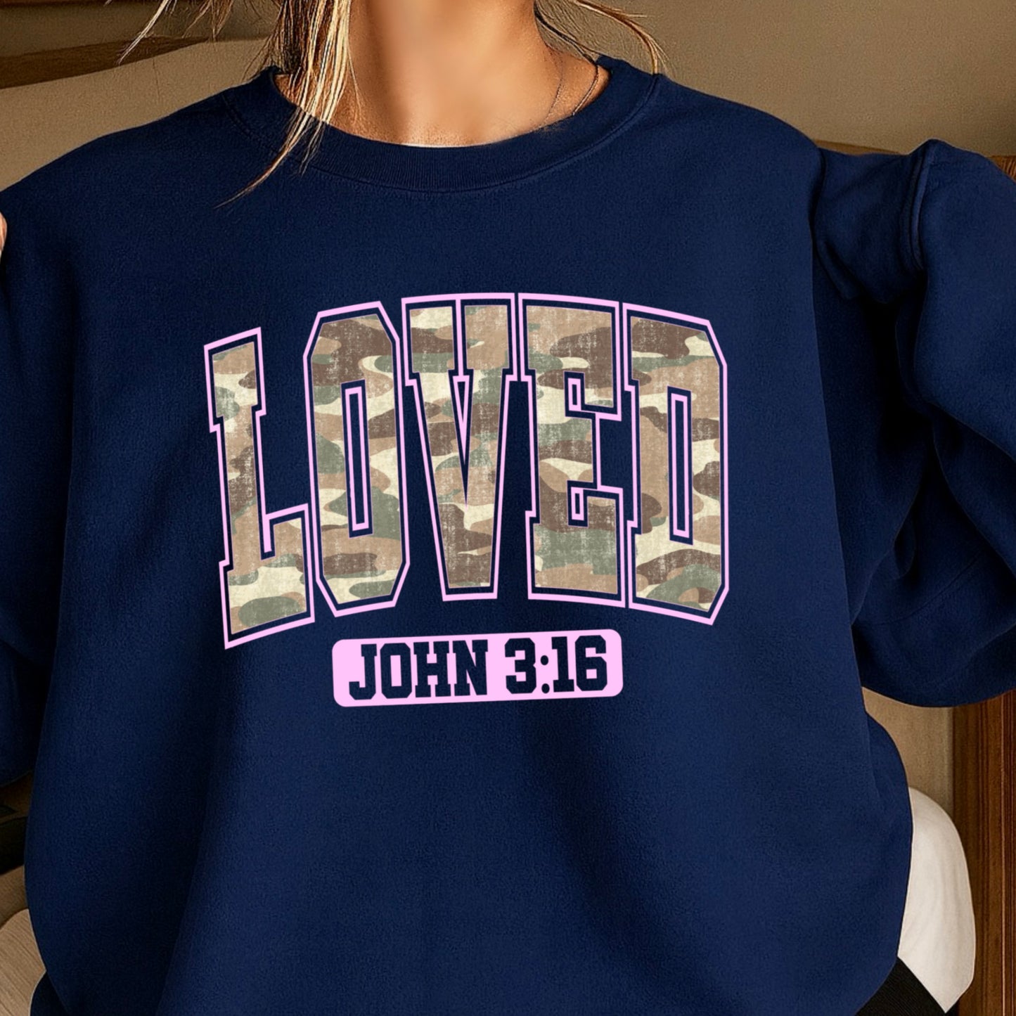 Camo Loved John 3:16 Valentine’s Day Crewneck Sweatshirt