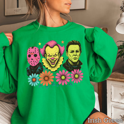 Floral Horror Film Characters Halloween Crewneck Sweatshirt