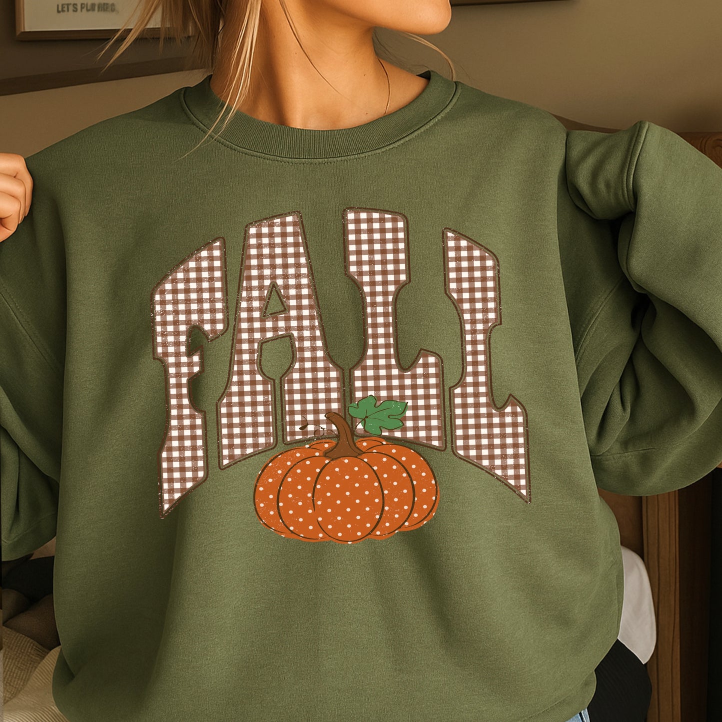 Fall Pumpkin Gingham Crewneck Sweatshirt