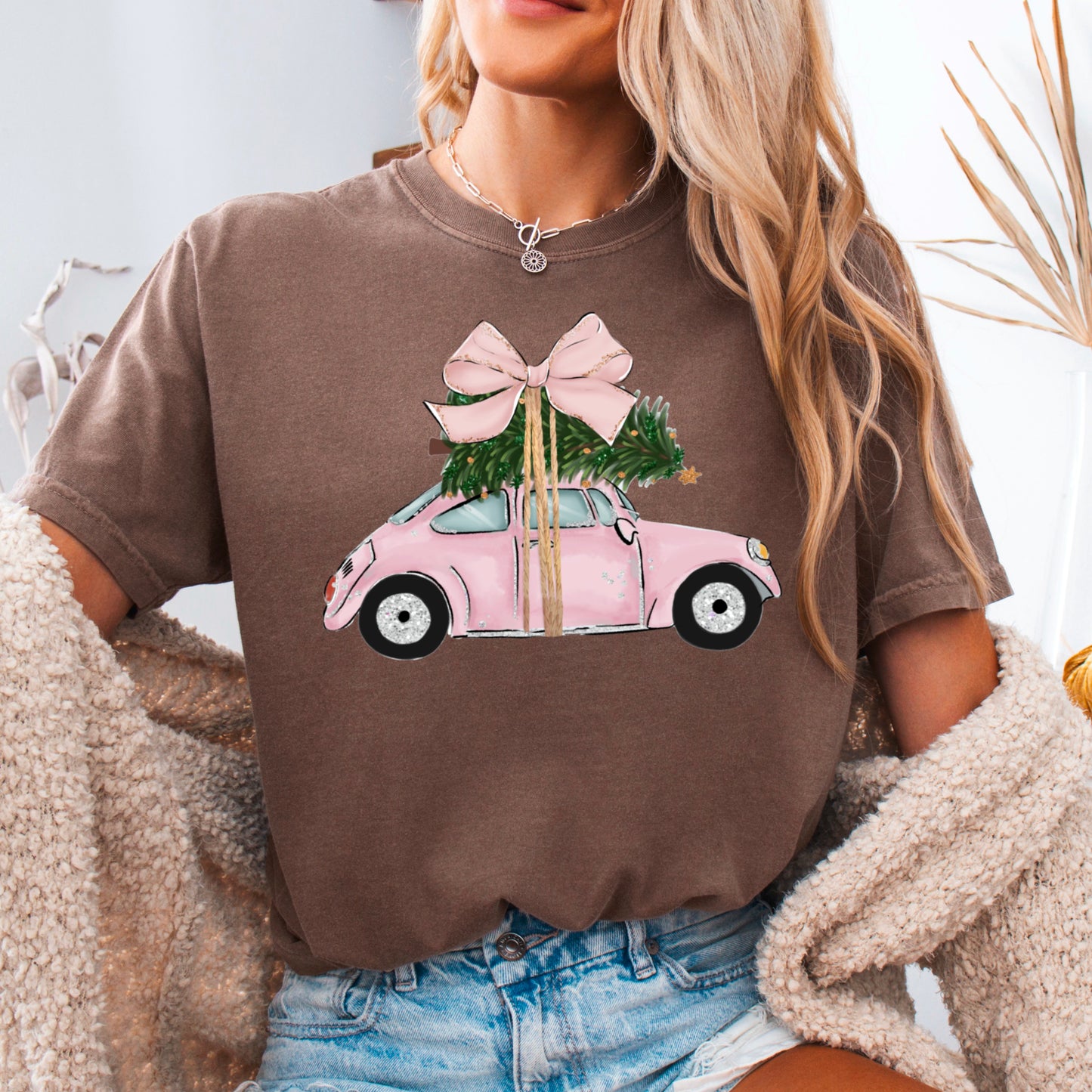 Pink Christmas Car Comfort Color Graphic Tee