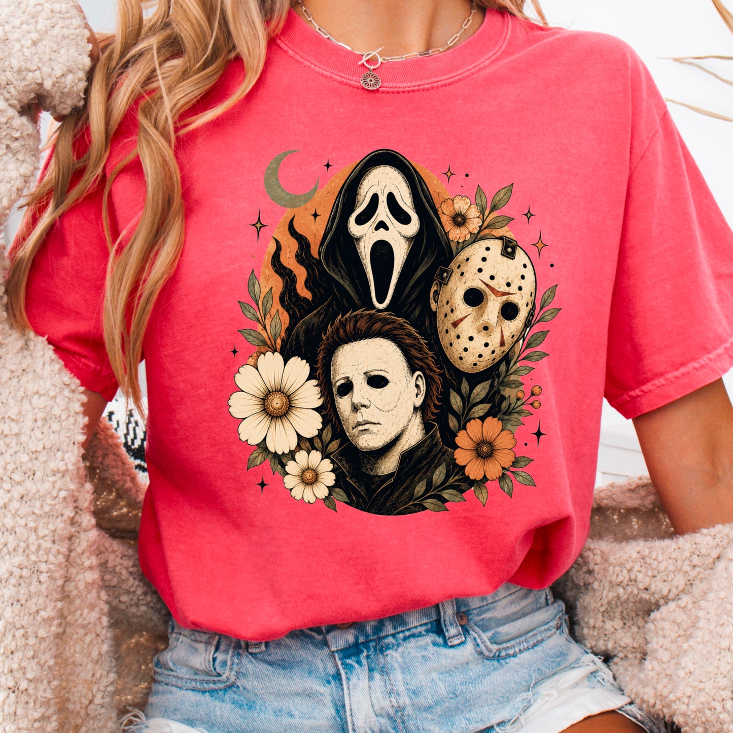 Floral Halloween Characters Comfort Color Graphic Tee