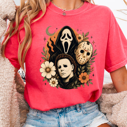 Floral Halloween Characters Comfort Color Graphic Tee