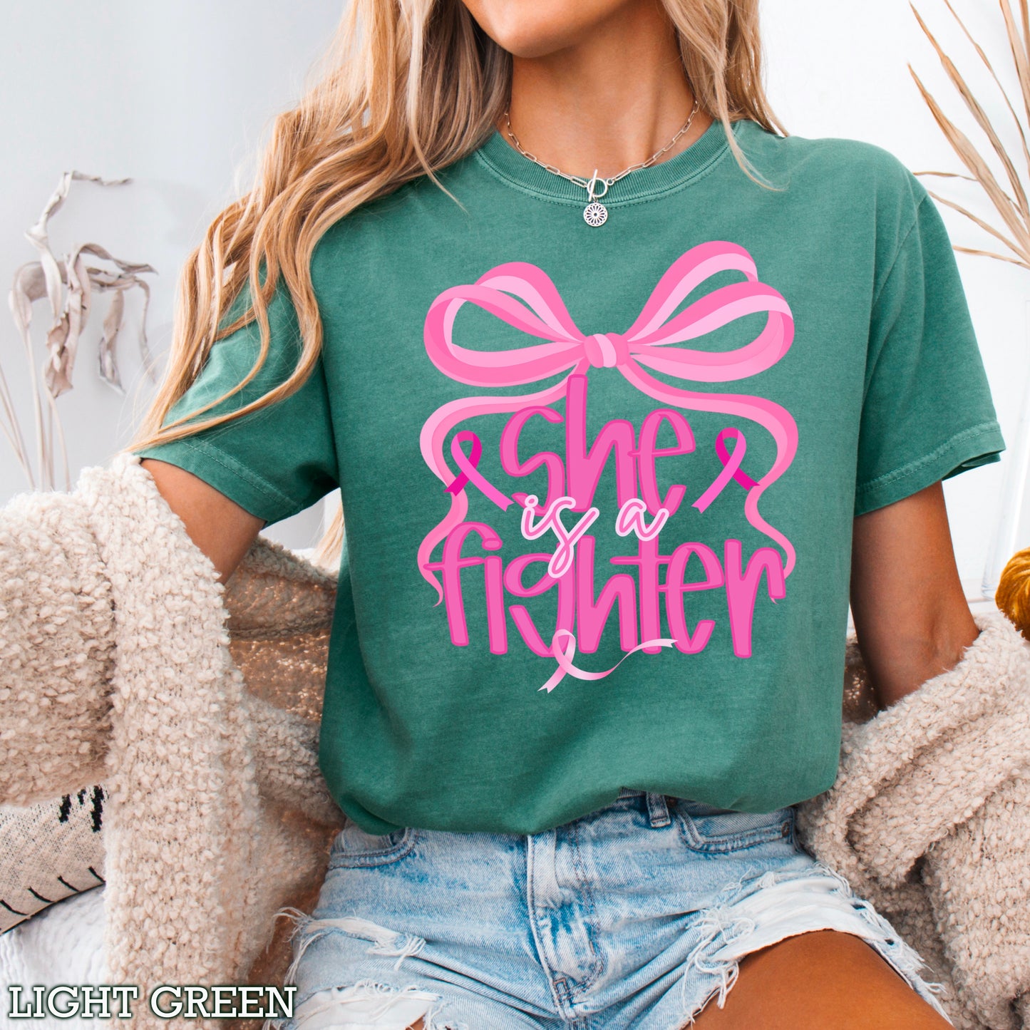 She Is A Fighter Breast Cancer Comfort Color Graphic Tee