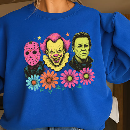 Floral Horror Film Characters Halloween Crewneck Sweatshirt
