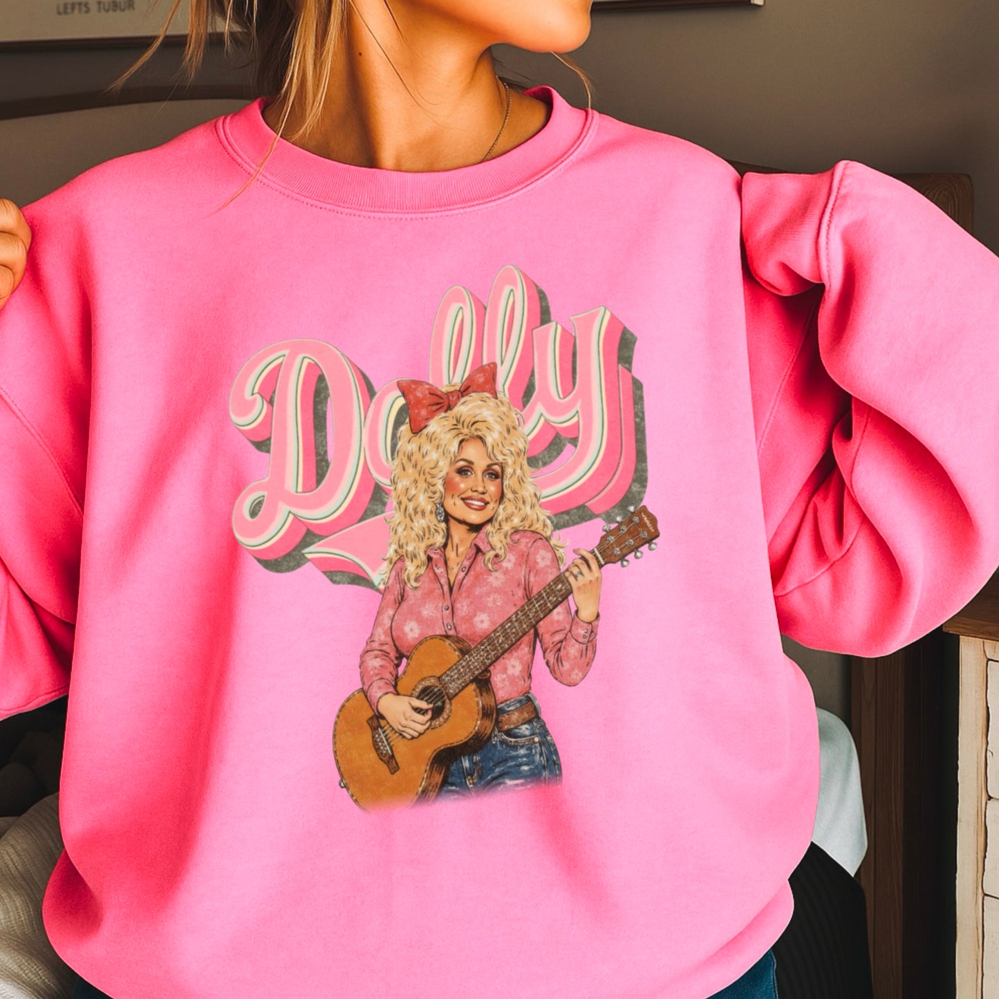 Pink Dolly Guitar Crewneck Sweatshirt