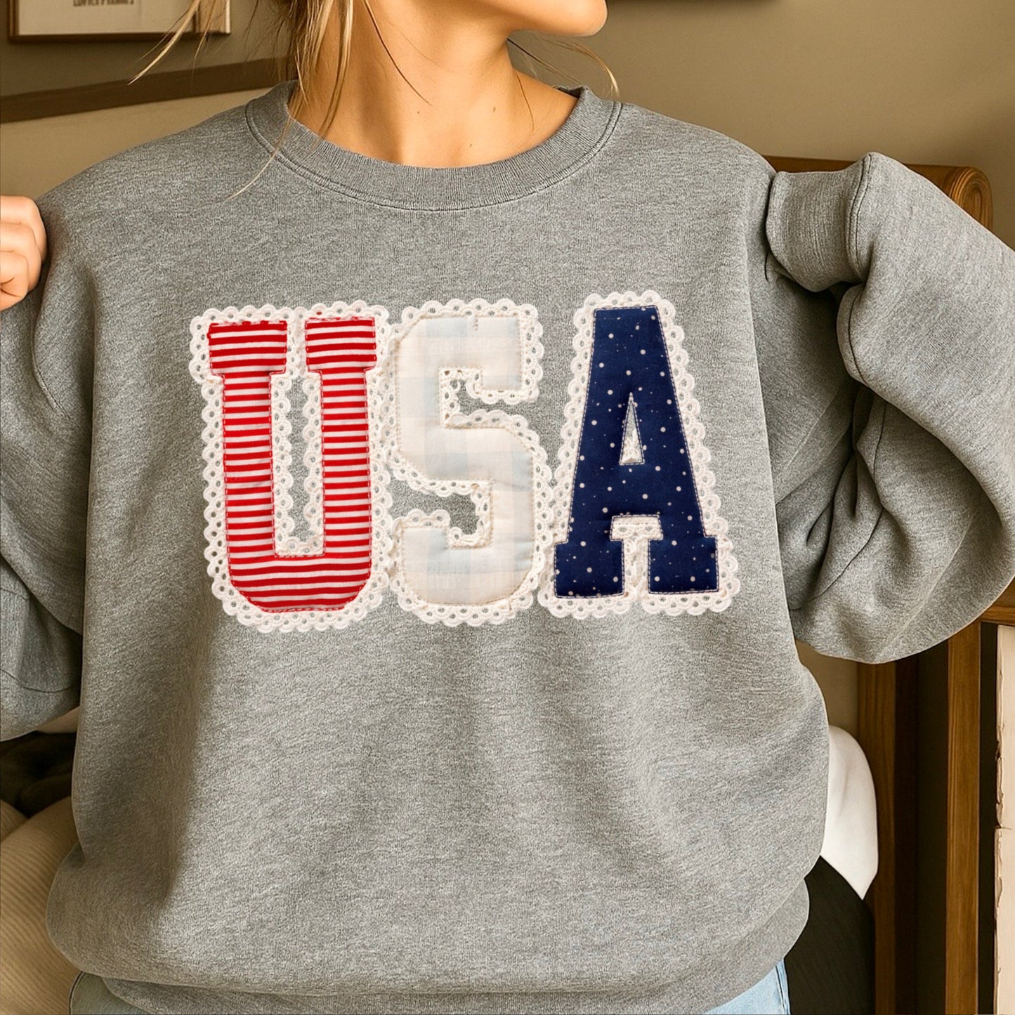 USA Quilted Lace Crewneck Sweatshirt