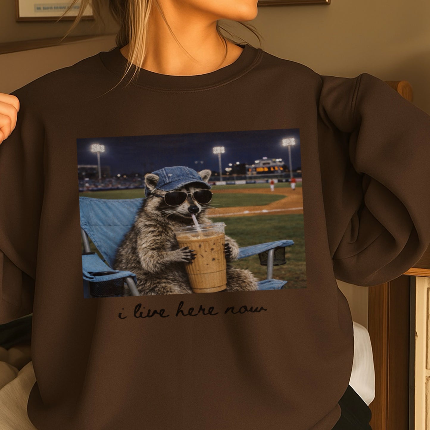 I Live Here Now Raccoon Baseball Crewneck Sweatshirt