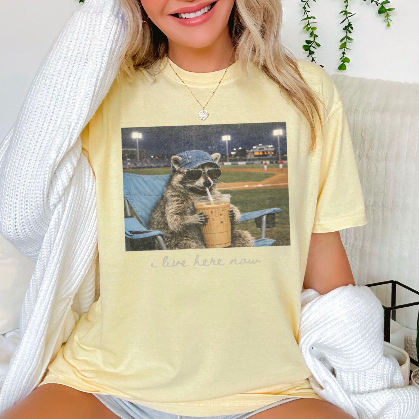 I Live Here Now Raccoon Baseball Comfort Color Graphic Tee