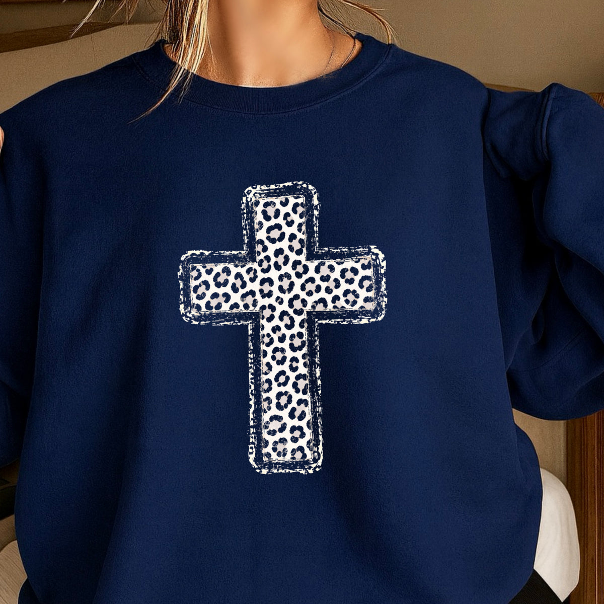 Snow Leopard Cross Christian Crewneck Sweatshirt