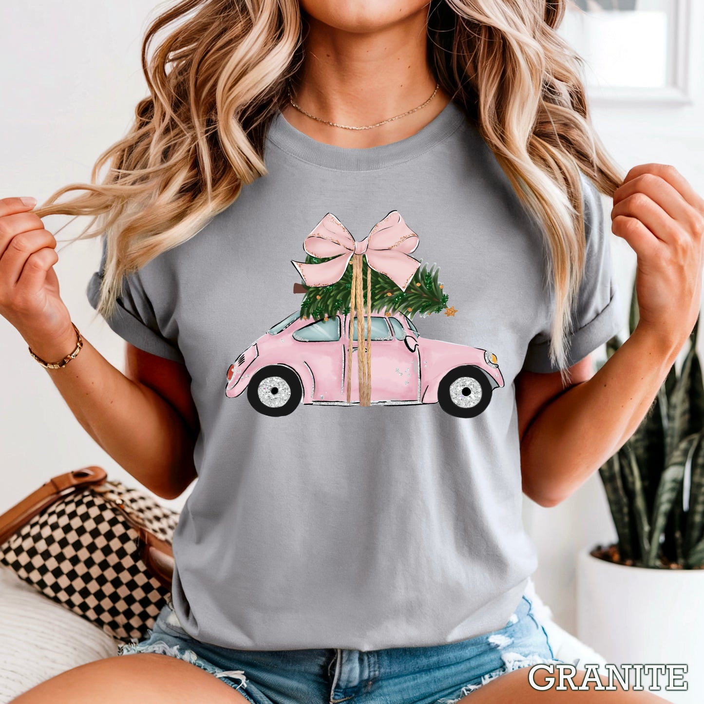 Pink Christmas Car Comfort Color Graphic Tee