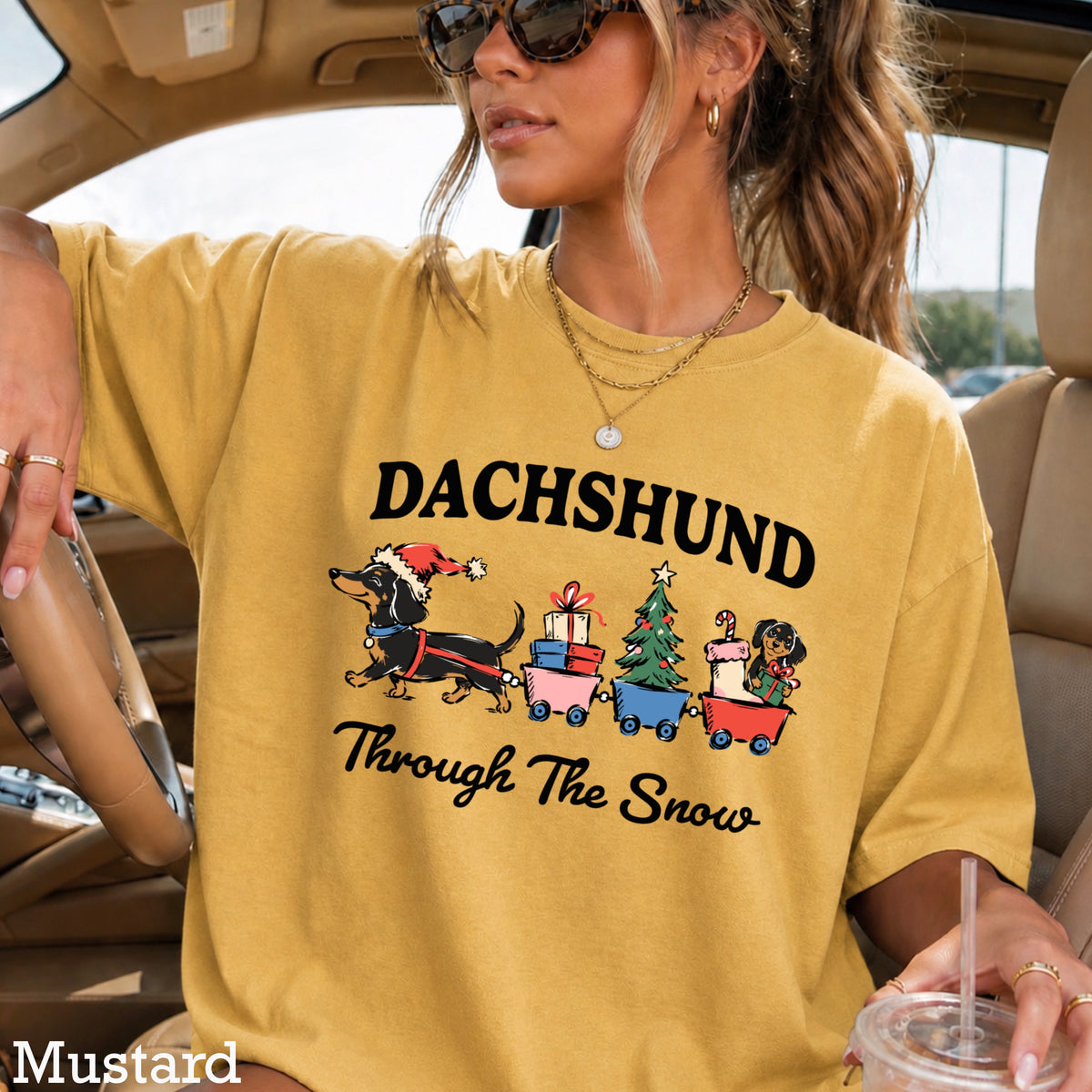 Dachshund Through the Snow Christmas Comfort Color Graphic Tee