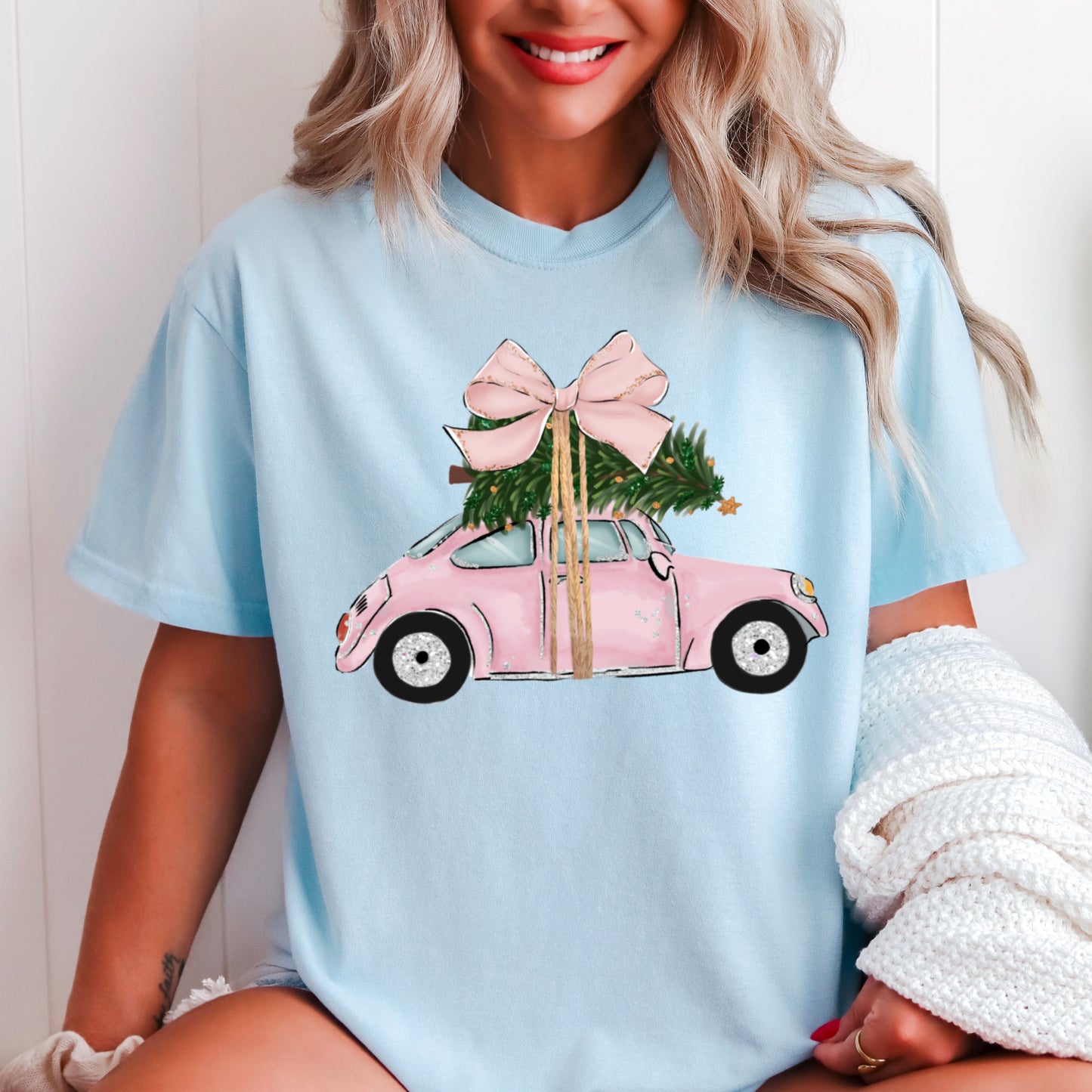 Pink Christmas Car Comfort Color Graphic Tee