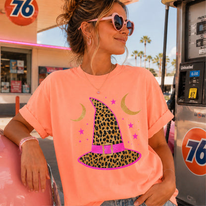 Leopard Witches Hat Halloween Comfort Color Graphic Tee