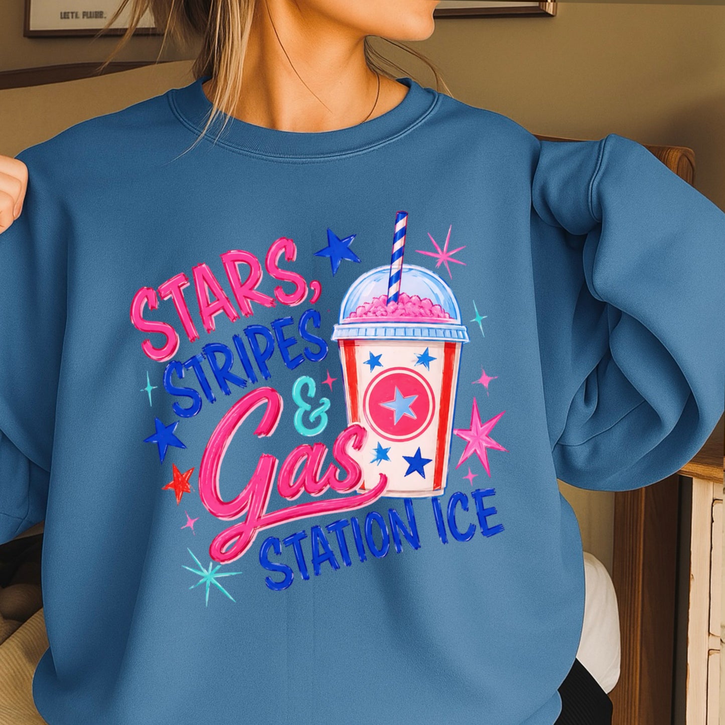 Stars Stripes And Gas Station Ice Crewneck Sweatshirt
