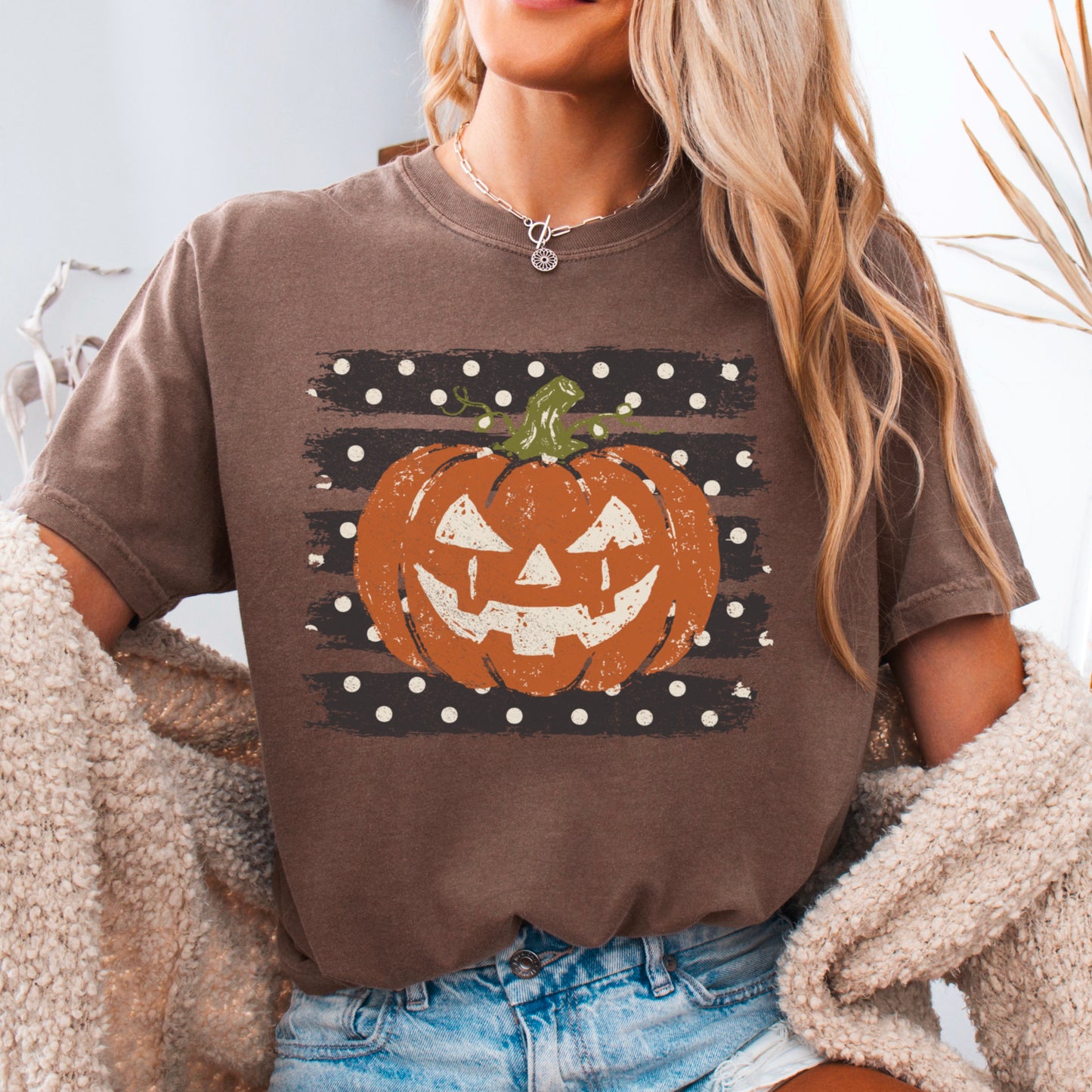 Polka Dot Pumpkin Halloween Comfort Color Graphic Tee