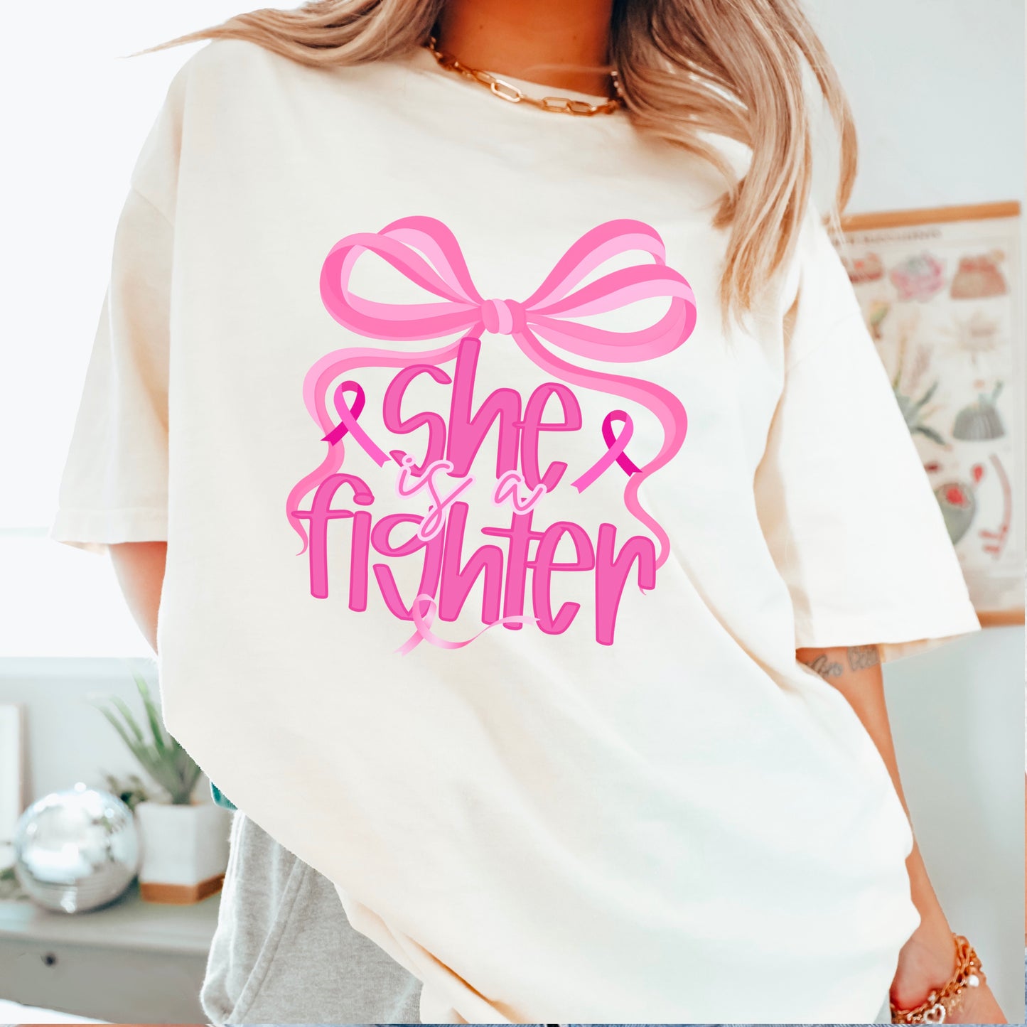 She Is A Fighter Breast Cancer Comfort Color Graphic Tee
