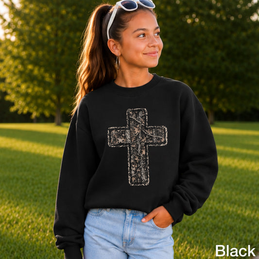 Camo Cross Christian Youth Crewneck Sweatshirt