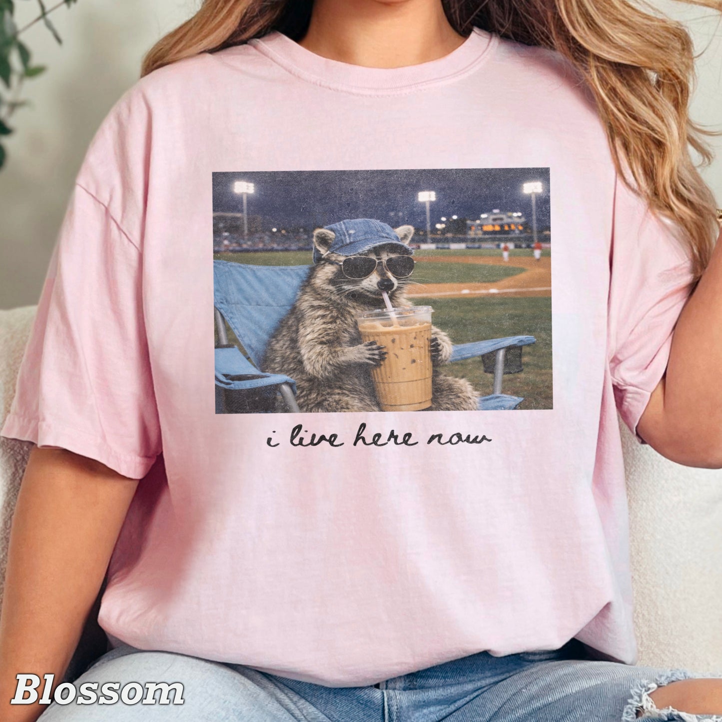 I Live Here Now Raccoon Baseball Comfort Color Graphic Tee