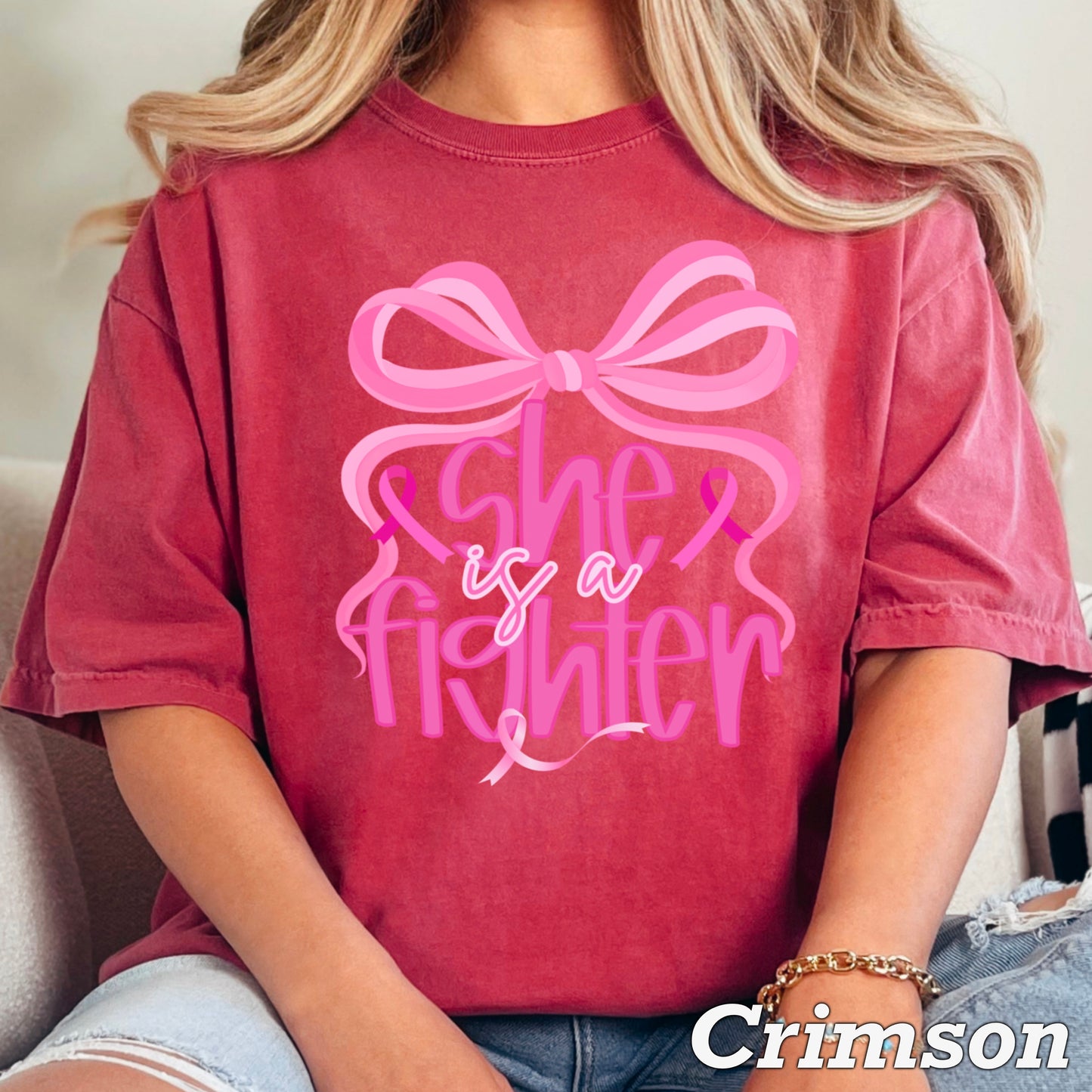 She Is A Fighter Breast Cancer Comfort Color Graphic Tee
