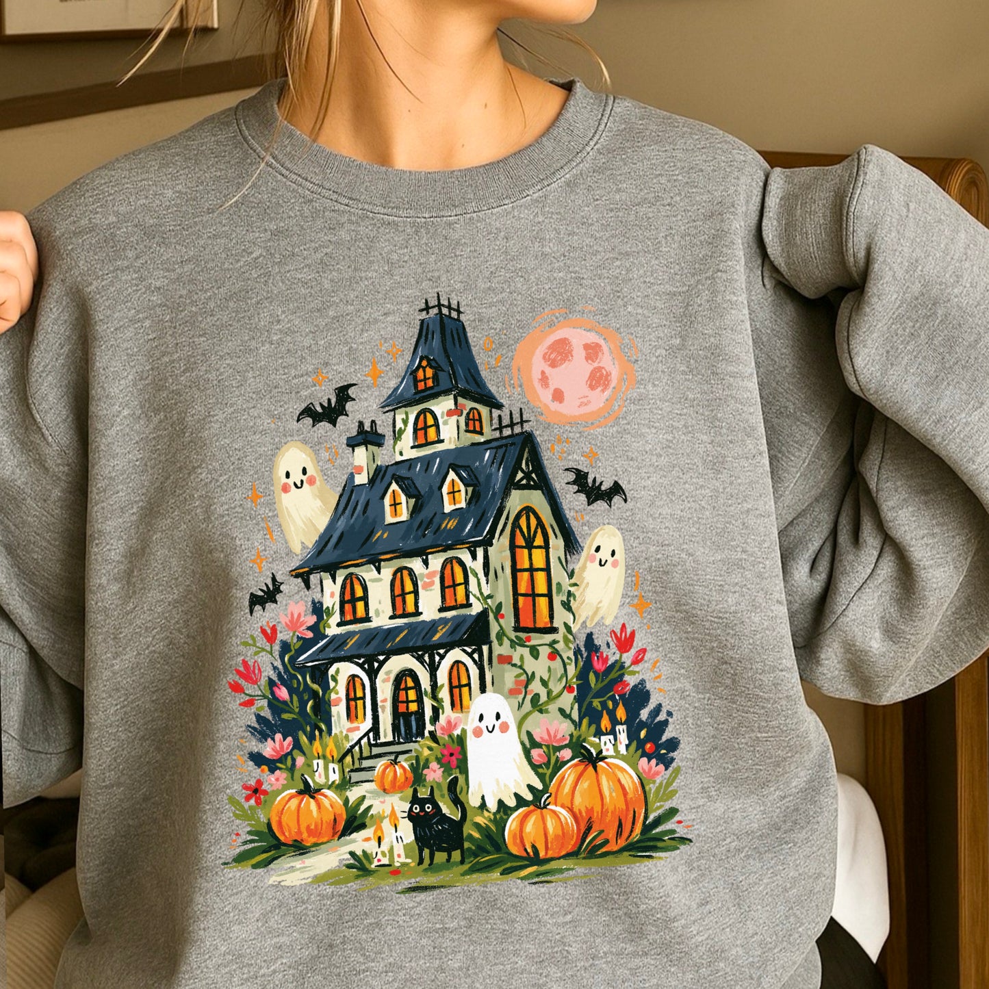 Haunted House Halloween Crewneck Sweatshirt