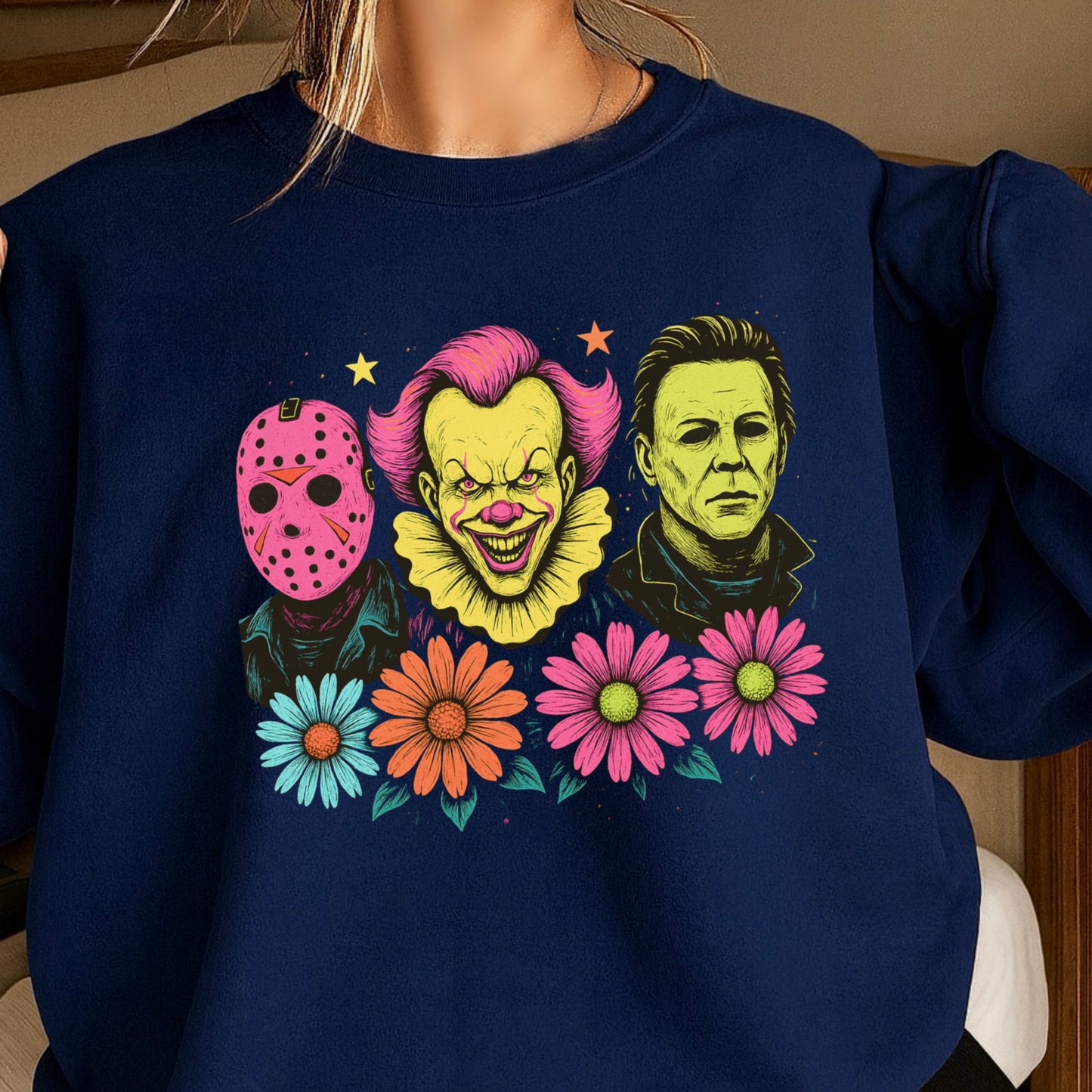 Floral Horror Film Characters Halloween Crewneck Sweatshirt