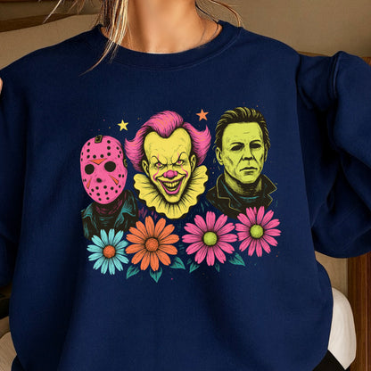 Floral Horror Film Characters Halloween Crewneck Sweatshirt