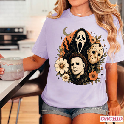 Floral Halloween Characters Comfort Color Graphic Tee