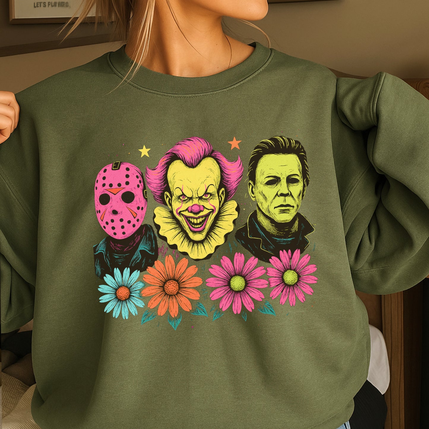 Floral Horror Film Characters Halloween Crewneck Sweatshirt
