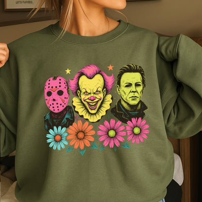 Floral Horror Film Characters Halloween Crewneck Sweatshirt