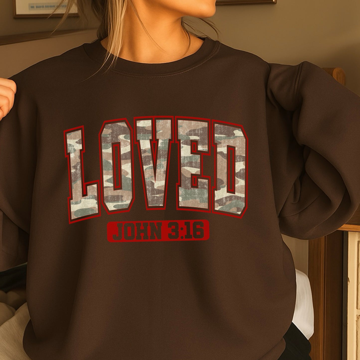 Camo Loved John 3:16 Valentine’s Day Crewneck Sweatshirt