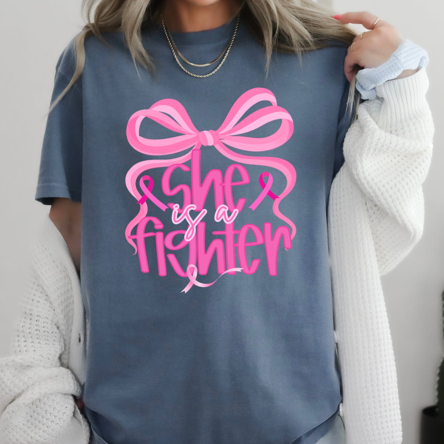 She Is A Fighter Breast Cancer Comfort Color Graphic Tee