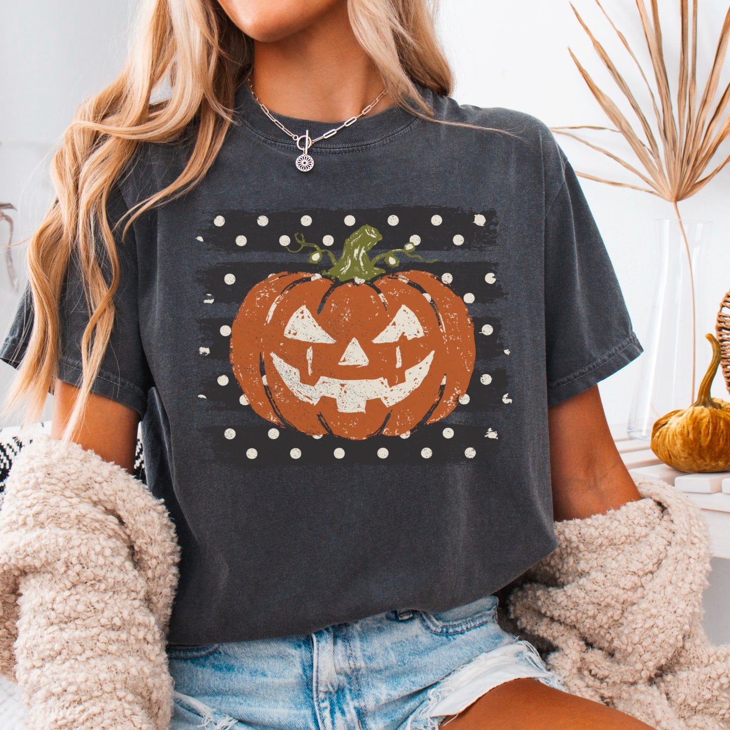 Polka Dot Pumpkin Halloween Comfort Color Graphic Tee