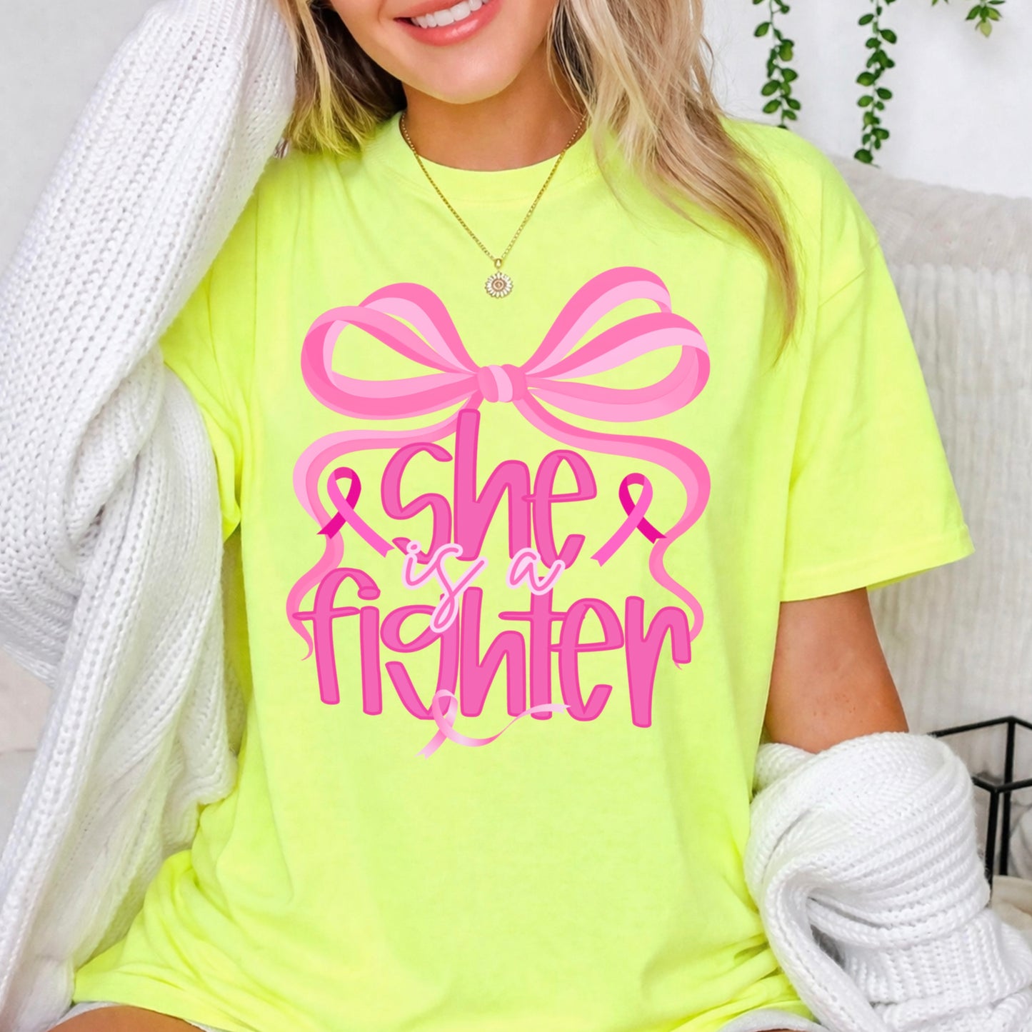 She Is A Fighter Breast Cancer Comfort Color Graphic Tee