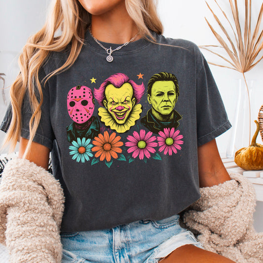 Floral Horror Film Characters Halloween Comfort Color Graphic Tee