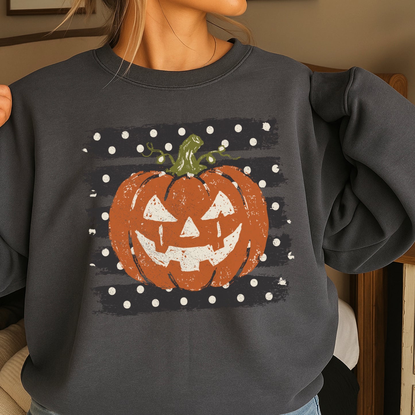 Polka Dot Halloween Pumpkin Crewneck Sweatshirt